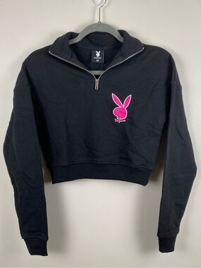 PLAYBOY Black Quarter Zip-Up Crop Hoodie XS